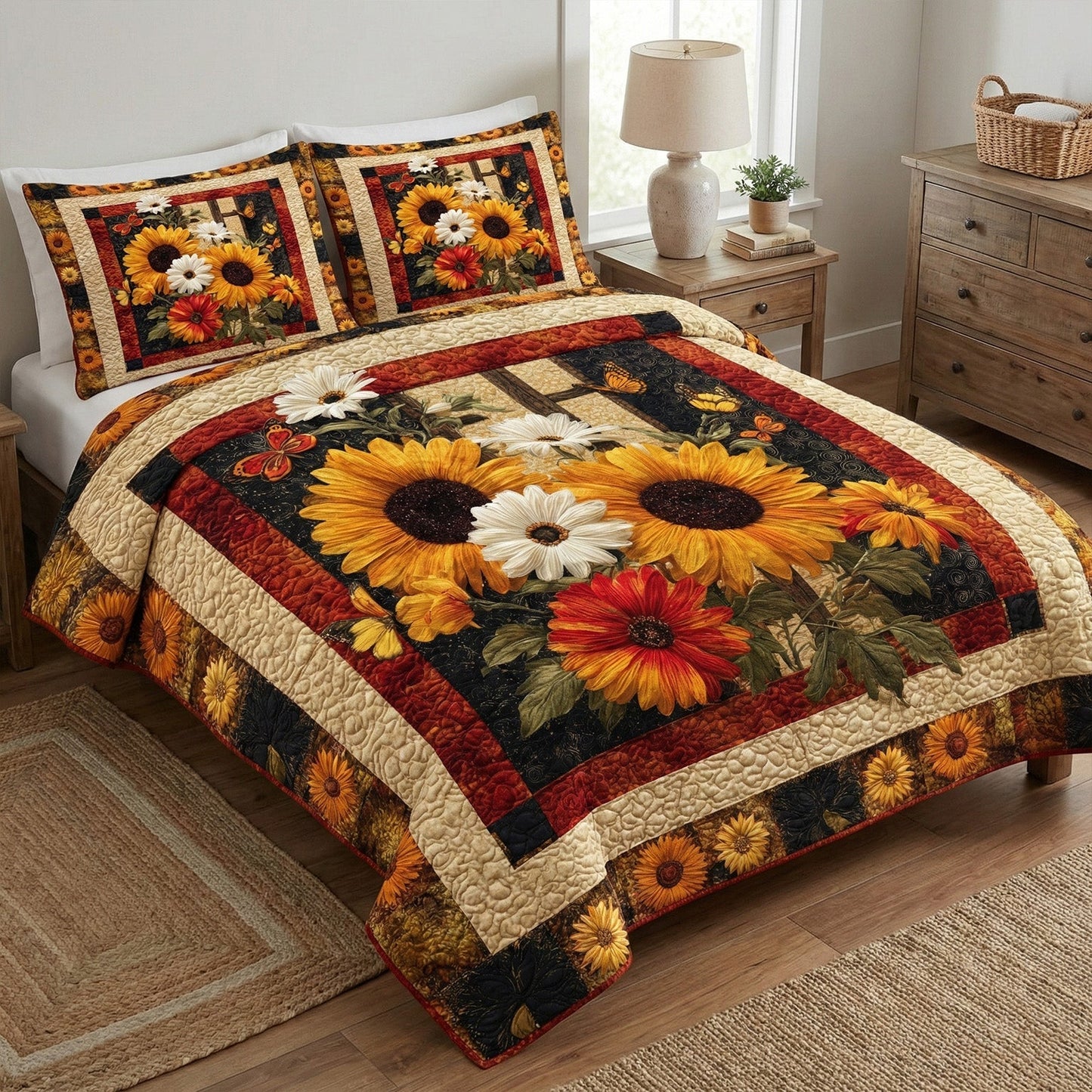 Autumn Sunflower 3-Piece Quilted Bedding Set - Single (59" x 70")