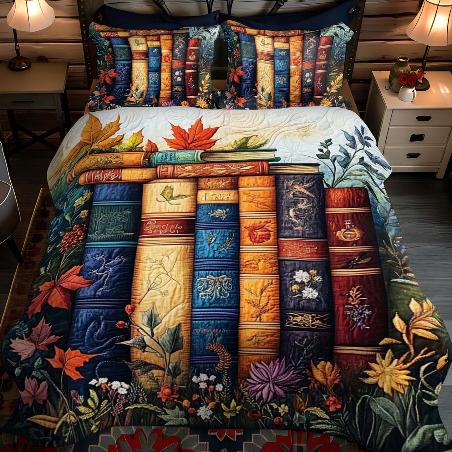 Autumnal Bookshelf 3-Piece Quilted Bedding Set - Single (59" x 70")