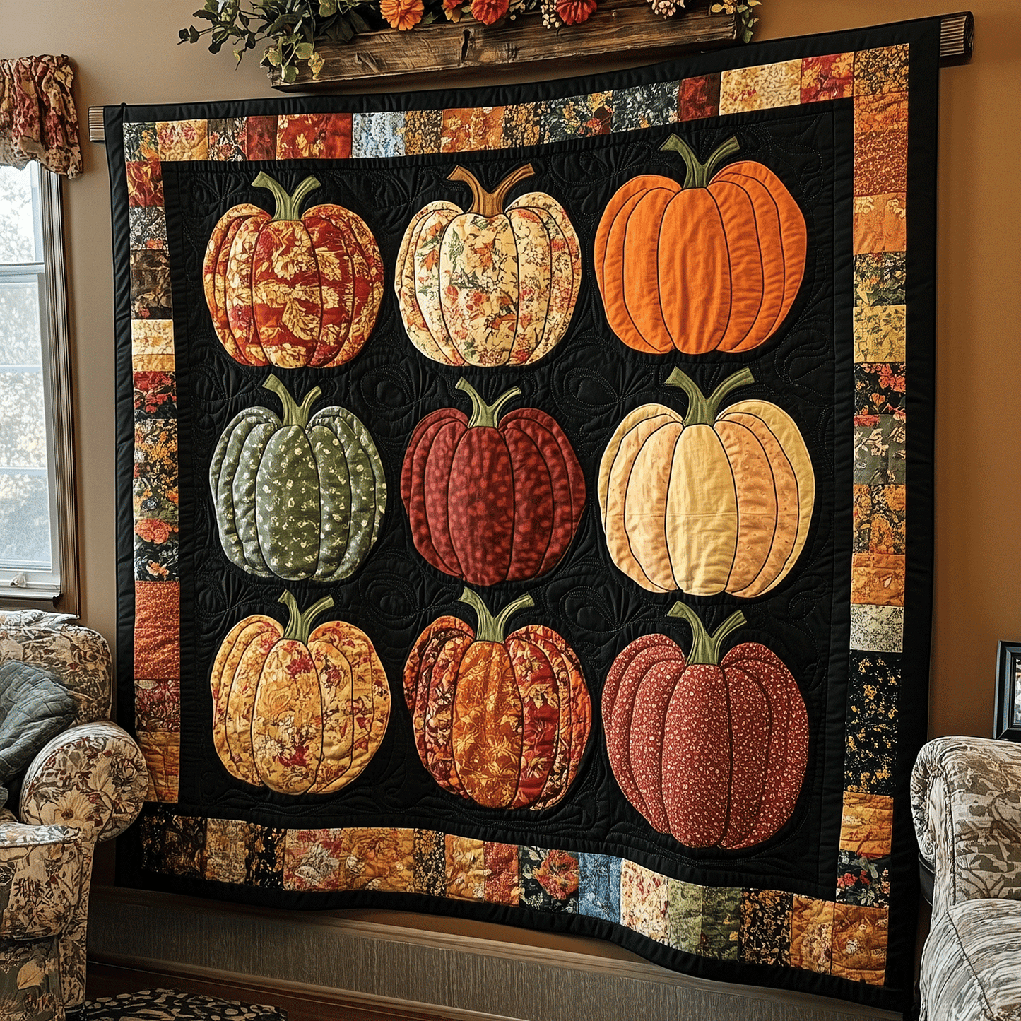 Autumnal Pumpkin Quilted Blanket - Throw (55" x 60")