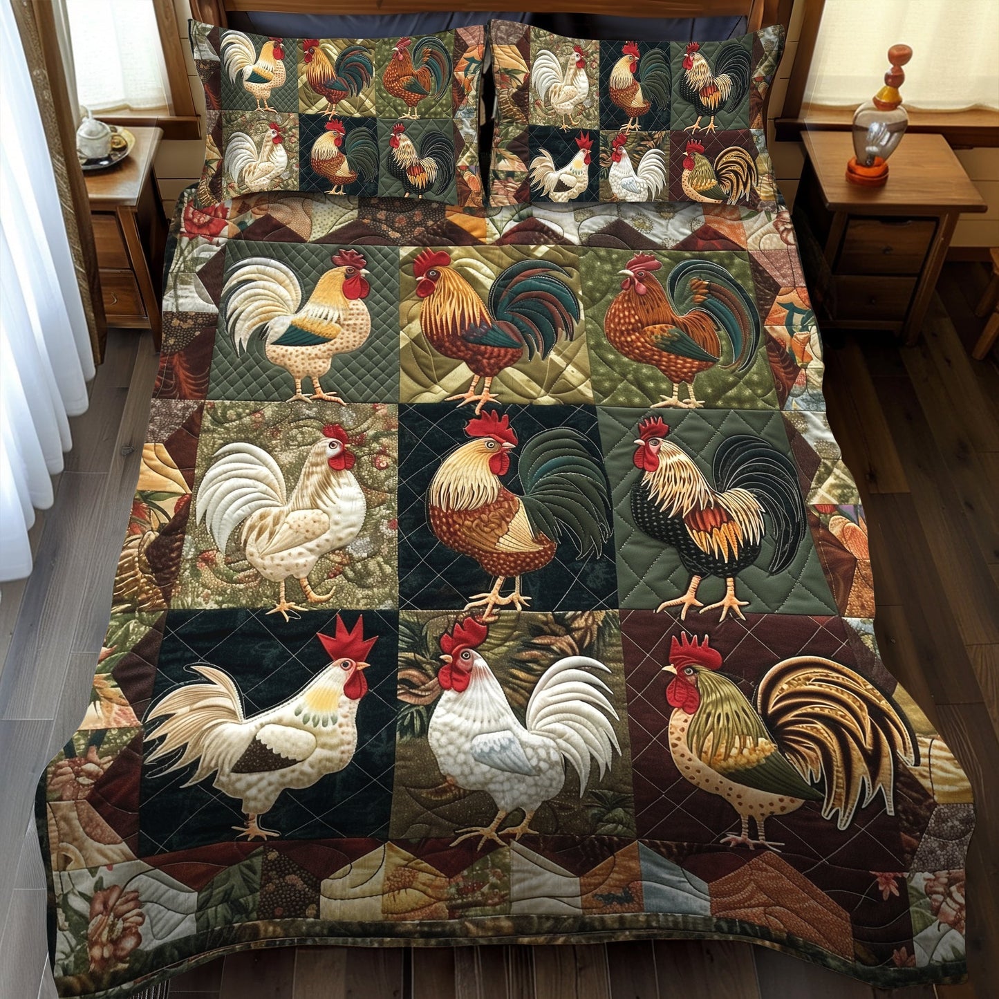 Barnyard Rooster 3-Piece Quilted Bedding Set - Single (59" x 70")