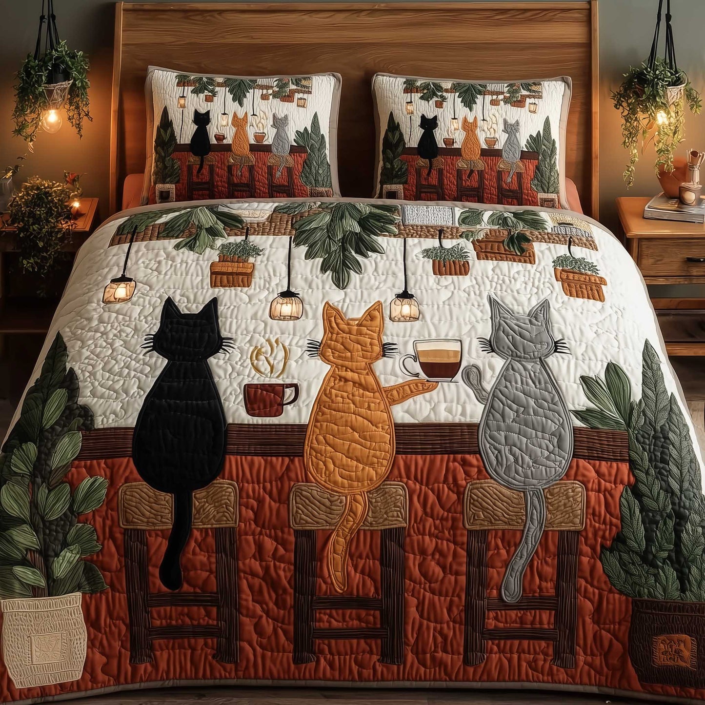 Barstool Kitty Gathering 3-Piece Quilted Bedding Set - Single (59" x 70")