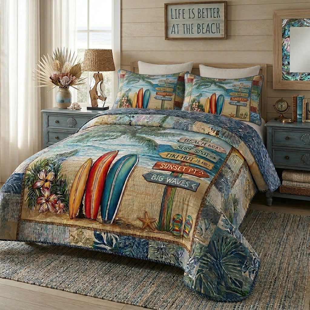 Beach Sign 3-Piece Quilted Bedding Set - Single (59" x 70")