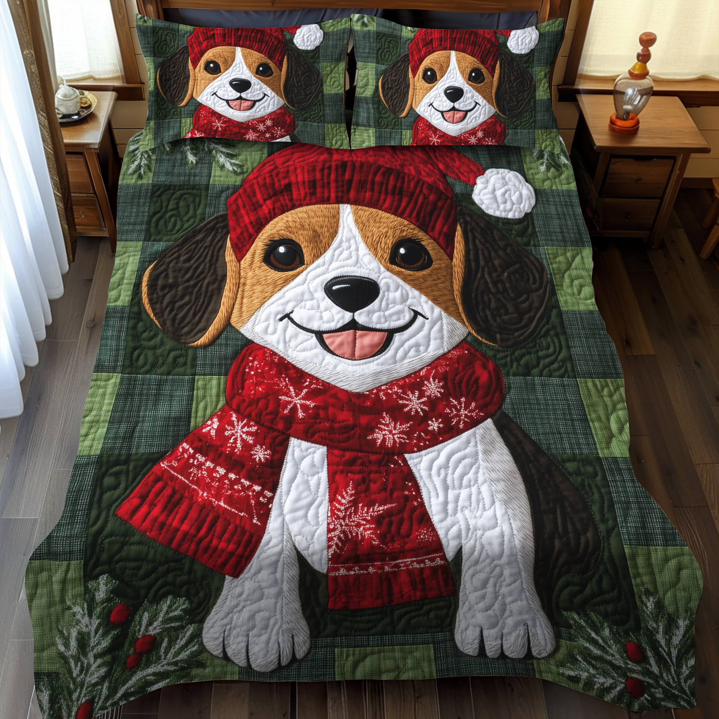 Beagle Christmas Tree Snuggle 3-Piece Quilted Bedding Set - Single (59" x 70")