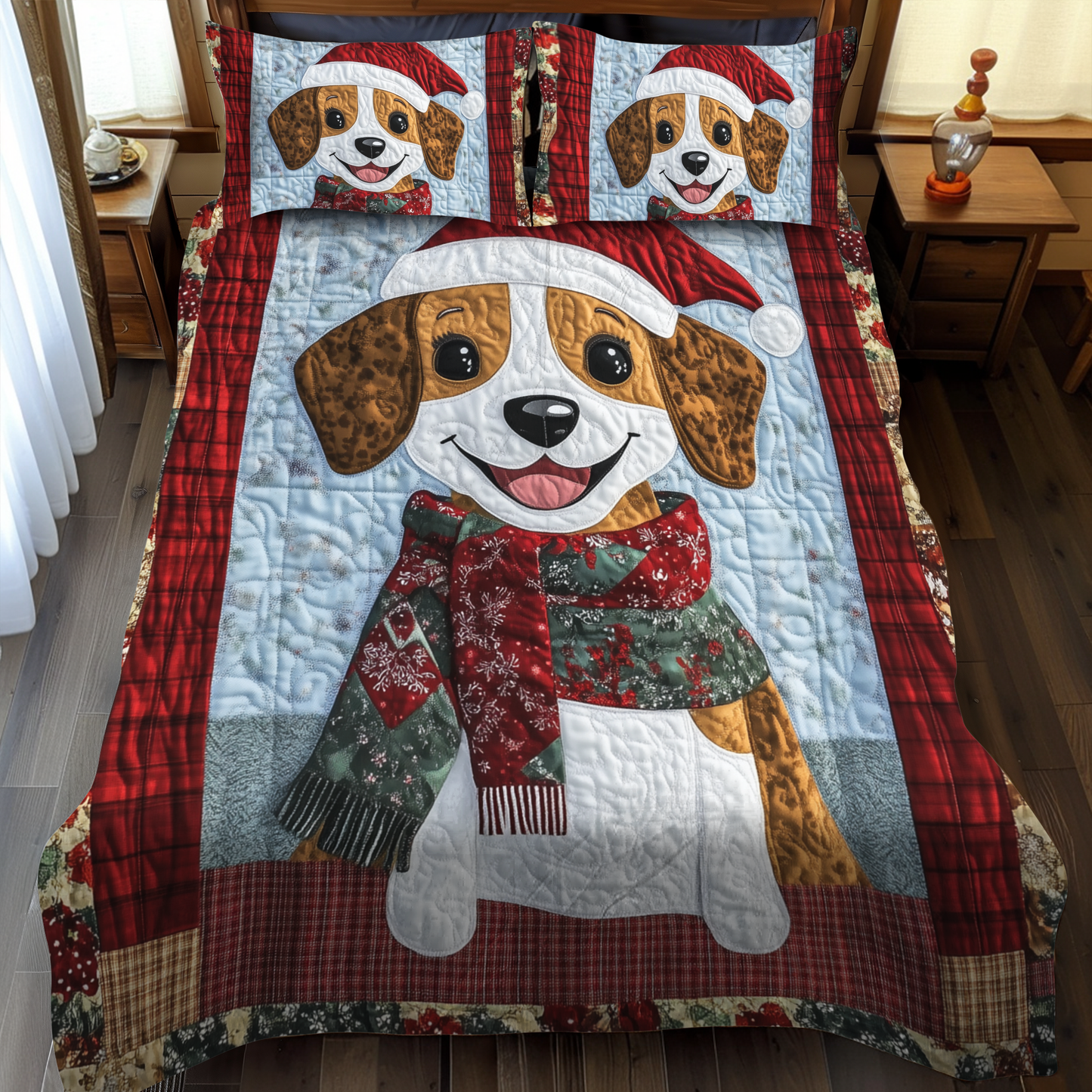 Beagle Holiday Joy 3-Piece Quilted Bedding Set - Single (59" x 70")