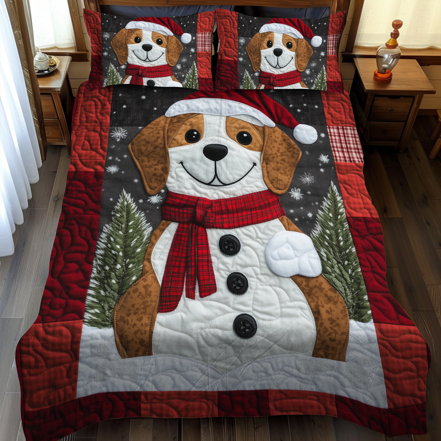 Beagle Winter Wishes 3-Piece Quilted Bedding Set - Single (59" x 70")