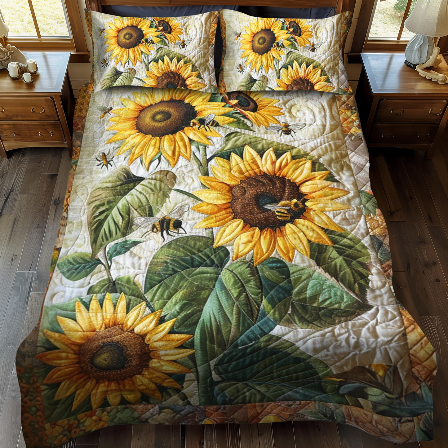 Bee-Flower Serenade 3-Piece Quilted Bedding Set - Single (59" x 70")