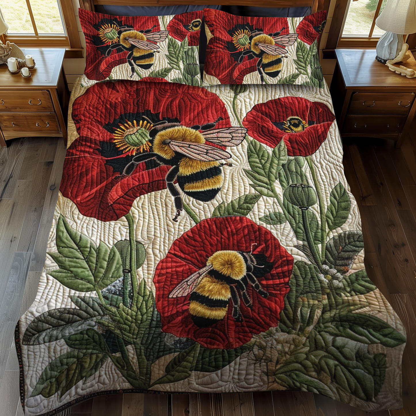 Bee-Kised Blooms 3-Piece Quilted Bedding Set - Single (59" x 70")