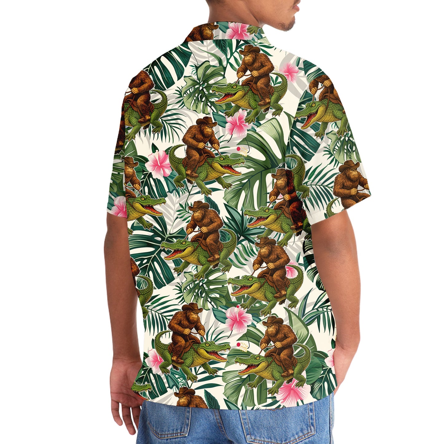 Bigfoot Green Cowboy with Crocodile Tropical Hawaiian Shirt - 3XL - hawaiian shirt