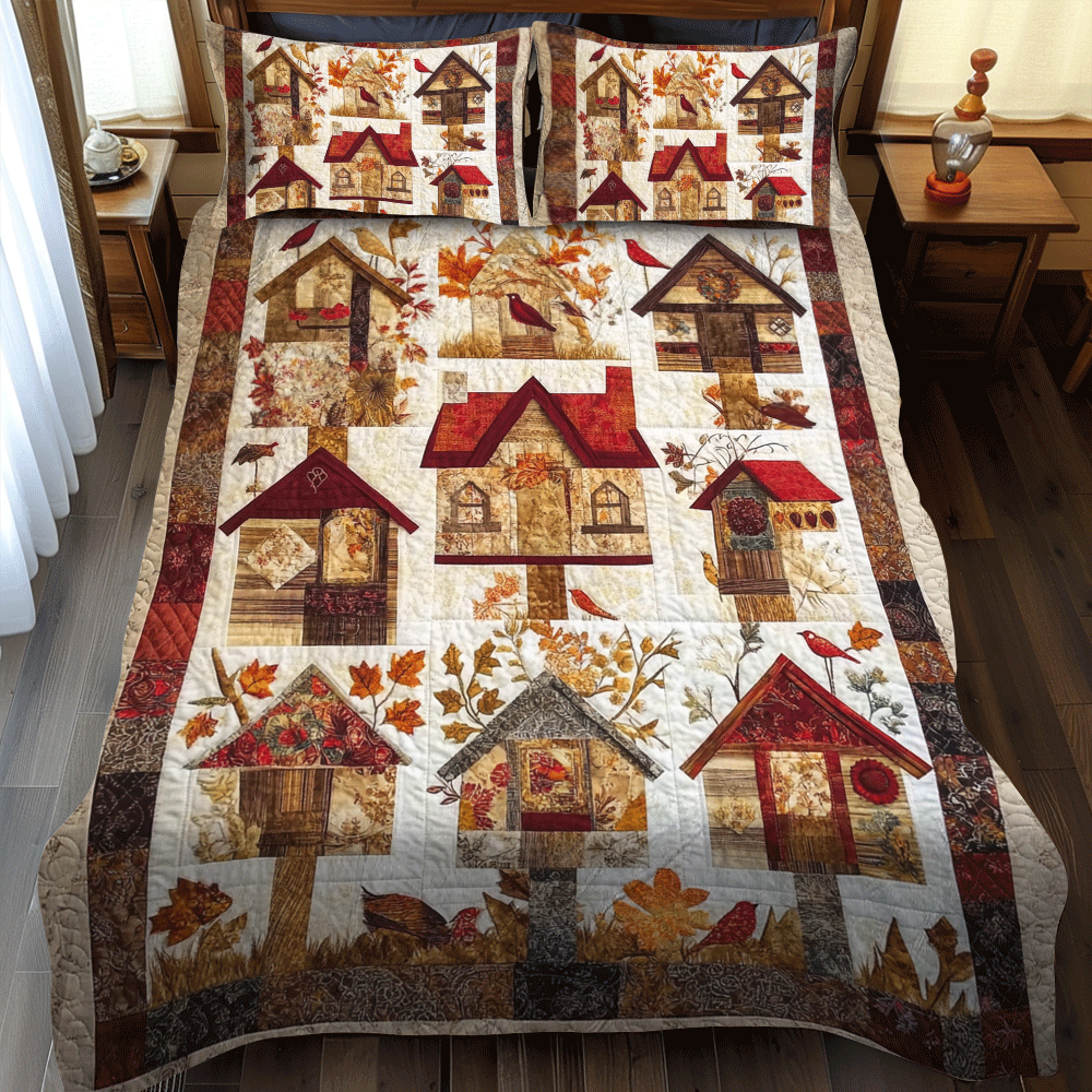 Bird House Thanksgiving 3-Piece Quilted Bedding Set - Single (59" x 70")