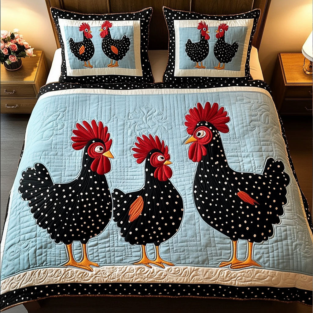 Black White Hens 3-Piece Quilted Bedding Set - Single (59" x 70")