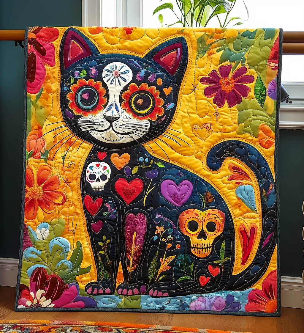 Black Cat Dia De Los Muertos Quilted Blanket - Throw (55" x 60")