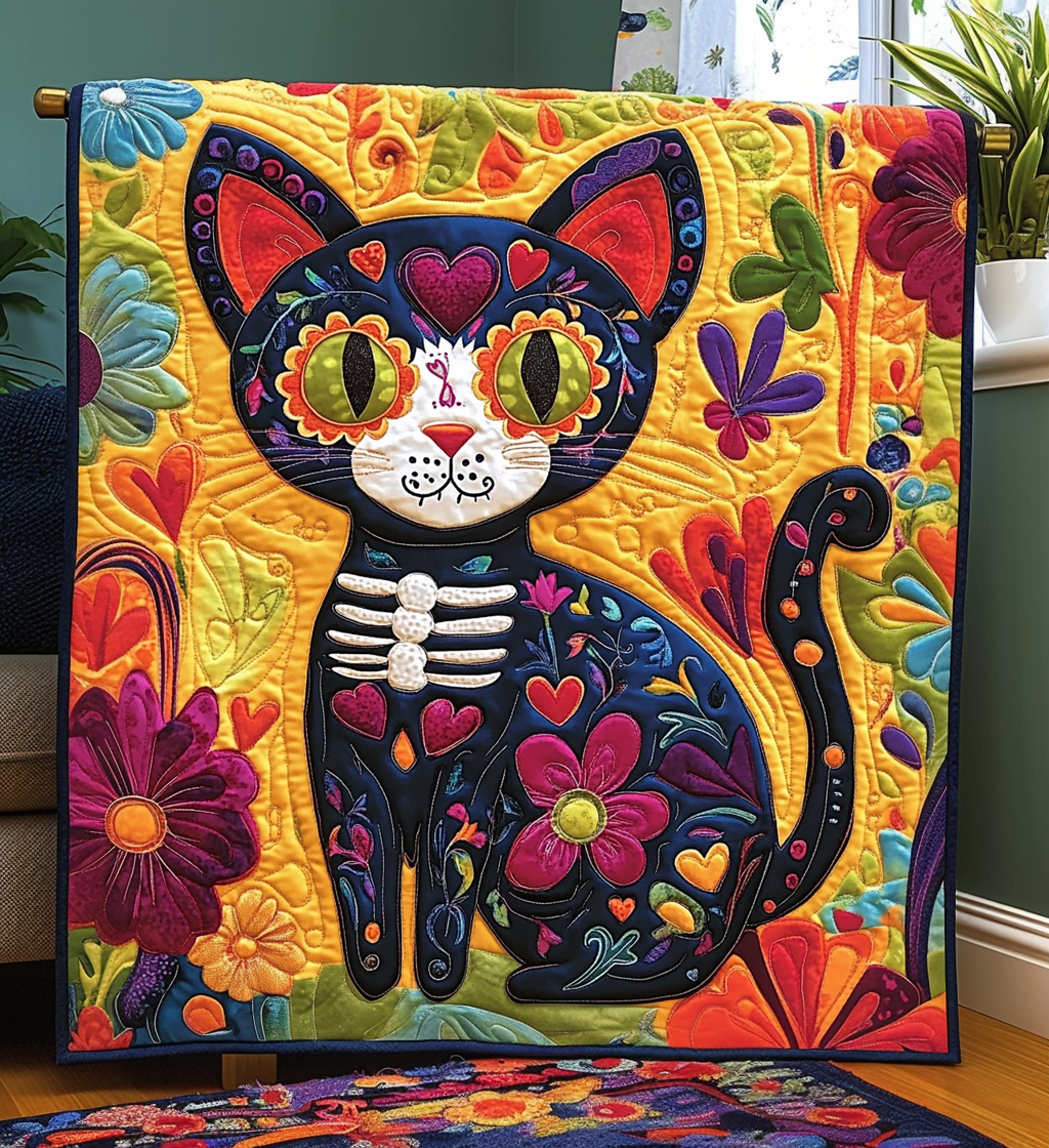 Black Cat Dia De Los Muertos Quilted Blanket - Throw (55" x 60")
