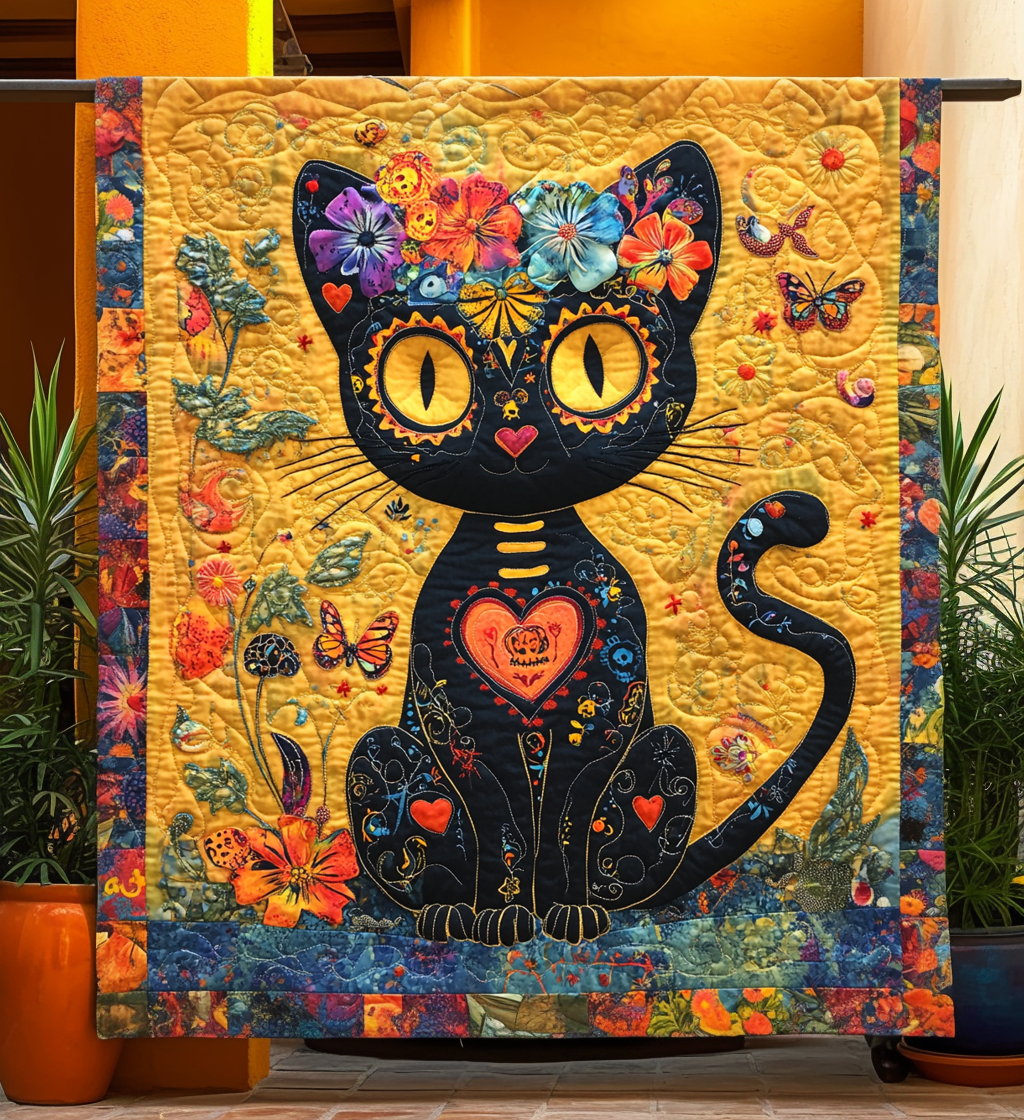 Black Cat Dia De Los Muertos Quilted Blanket - Throw (55" x 60")