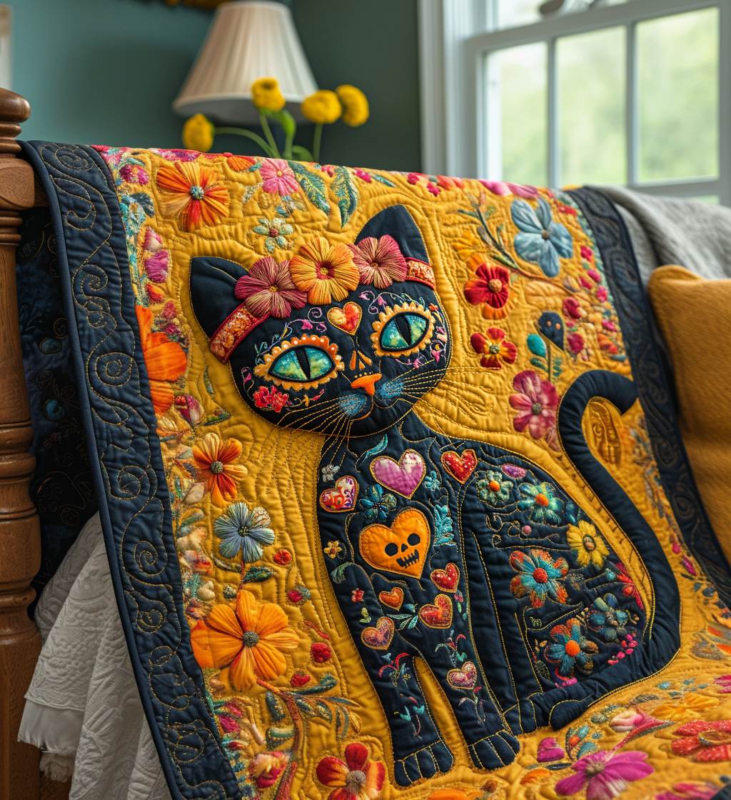 Black Cat Dia De Los Muertos Quilted Blanket - Throw (55" x 60")
