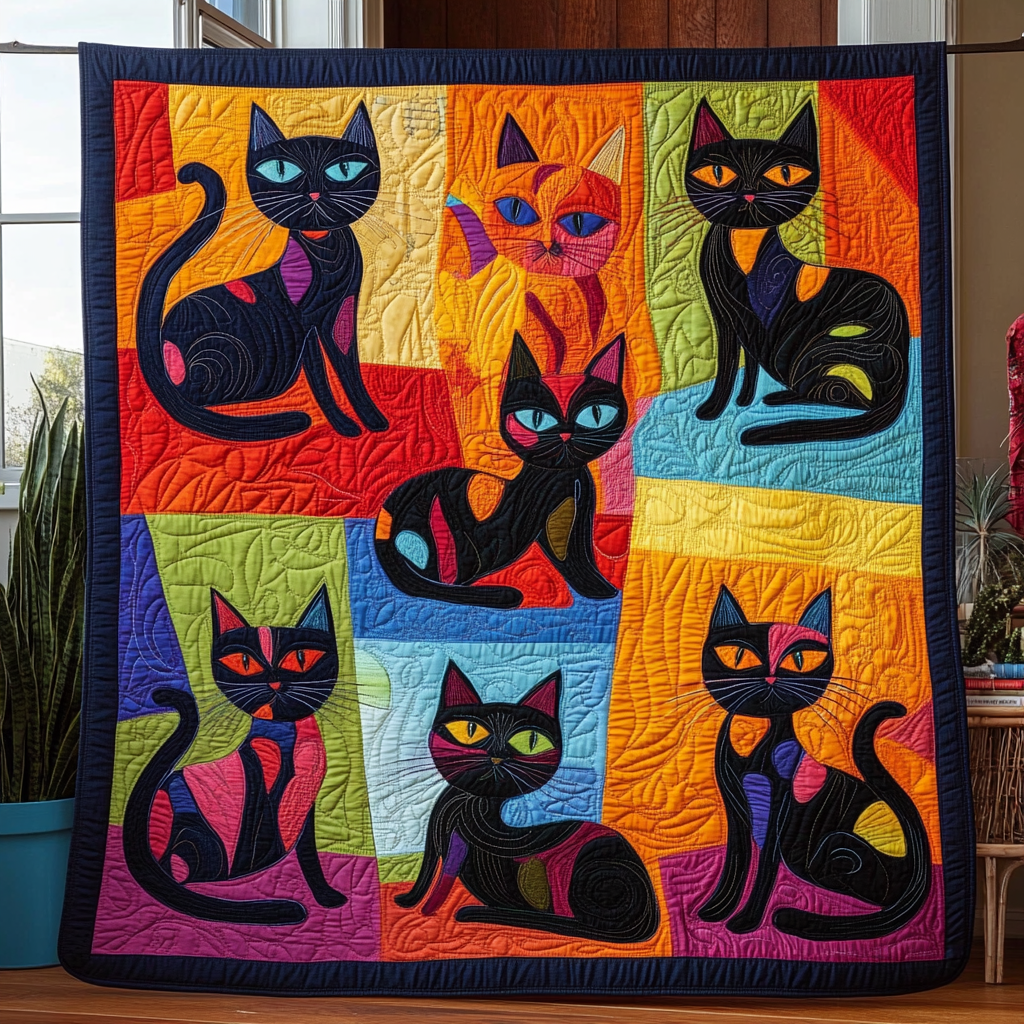 Black Cat Playing Quilted Blanket - Throw (55" x 60")