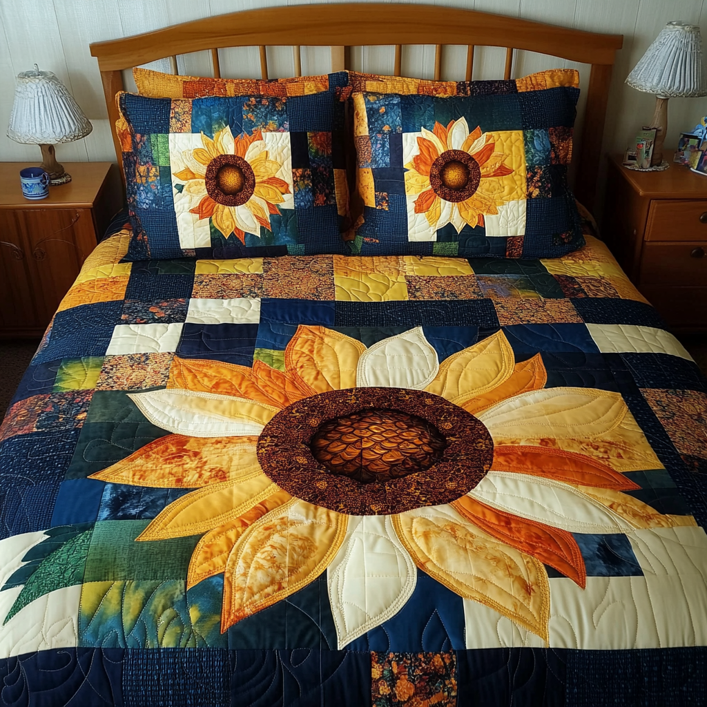 Blooming Sunflower 3-Piece Quilted Bedding Set - Single (59" x 70")