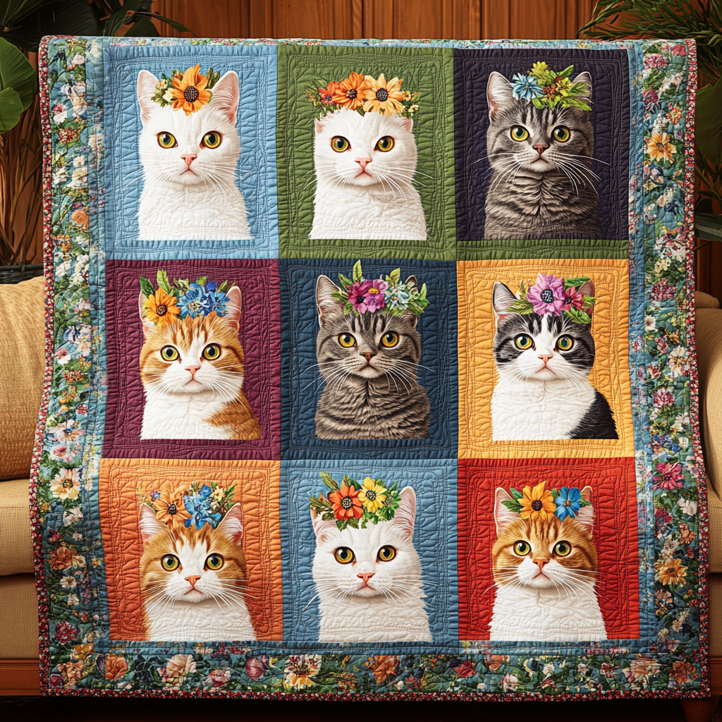 Blooming Cats Quilted Blanket - Throw (55" x 60")