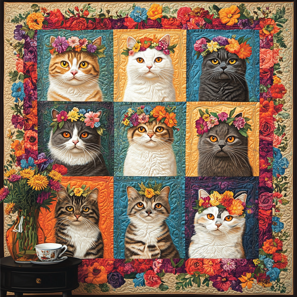 Blooming Kitty Quilted Blanket - Throw (55" x 60")