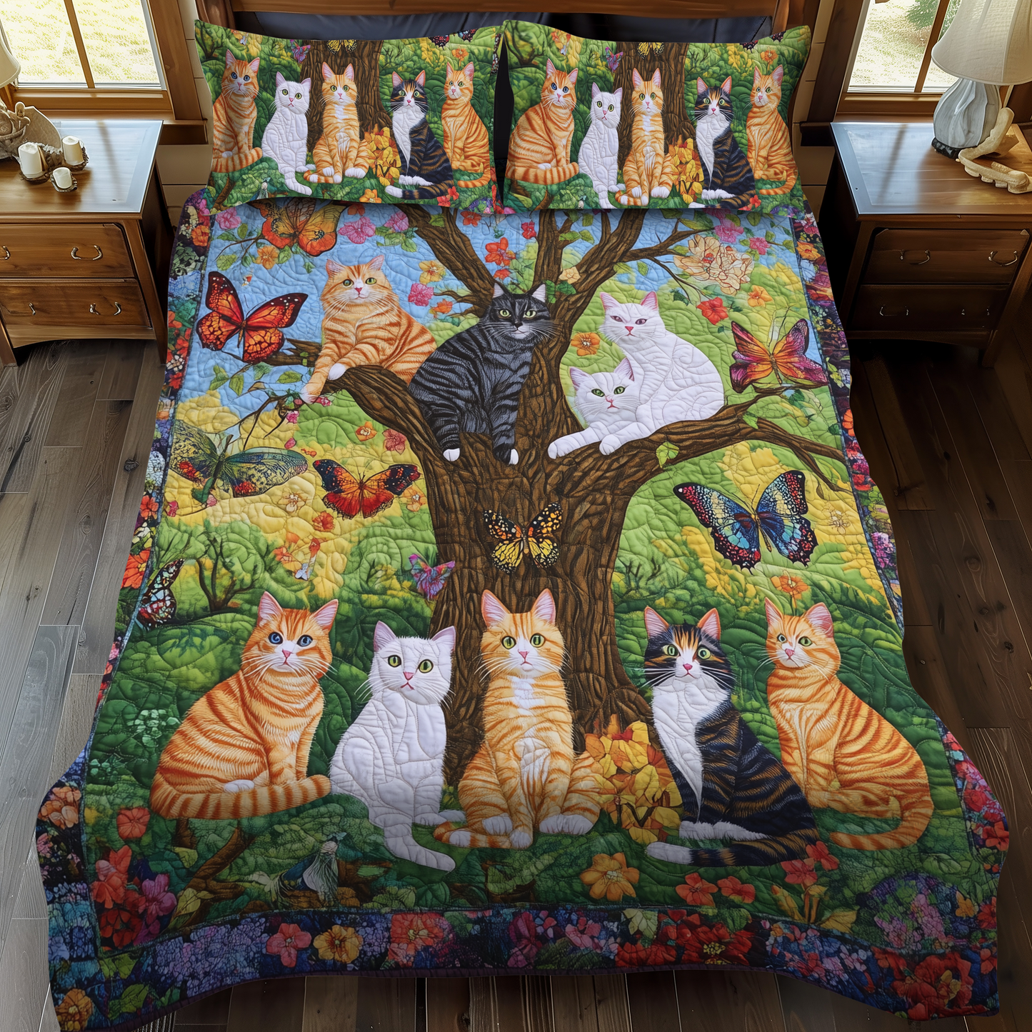 Blooming Purrfection 3-Piece Quilted Bedding Set - Single (59" x 70")
