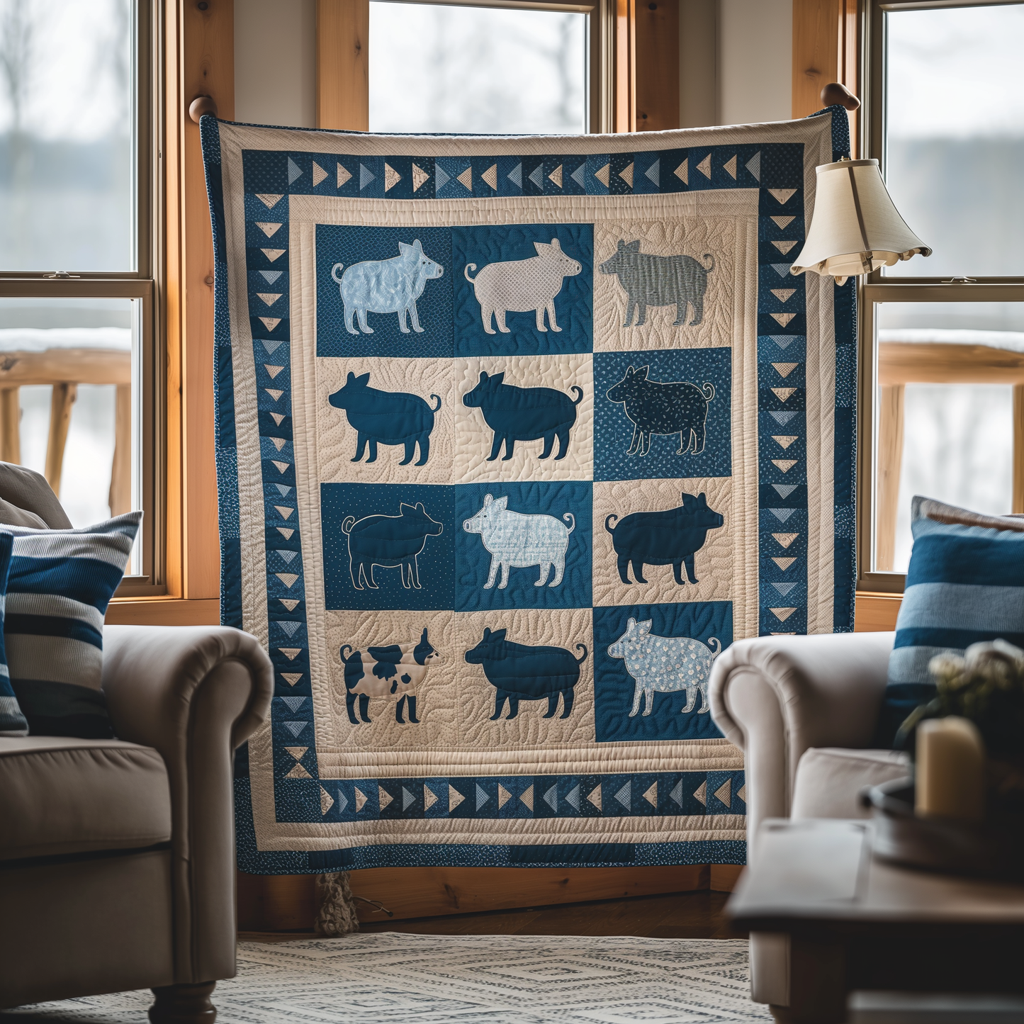 Blue Barnyard Pig Quilted Blanket - Throw (55" x 60")