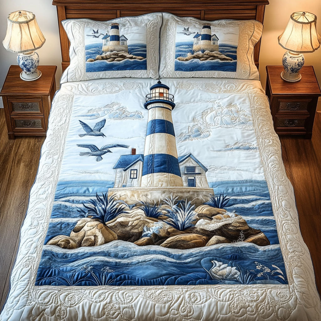 Blue Lighthouse 3-Piece Quilted Bedding Set - Single (59" x 70")