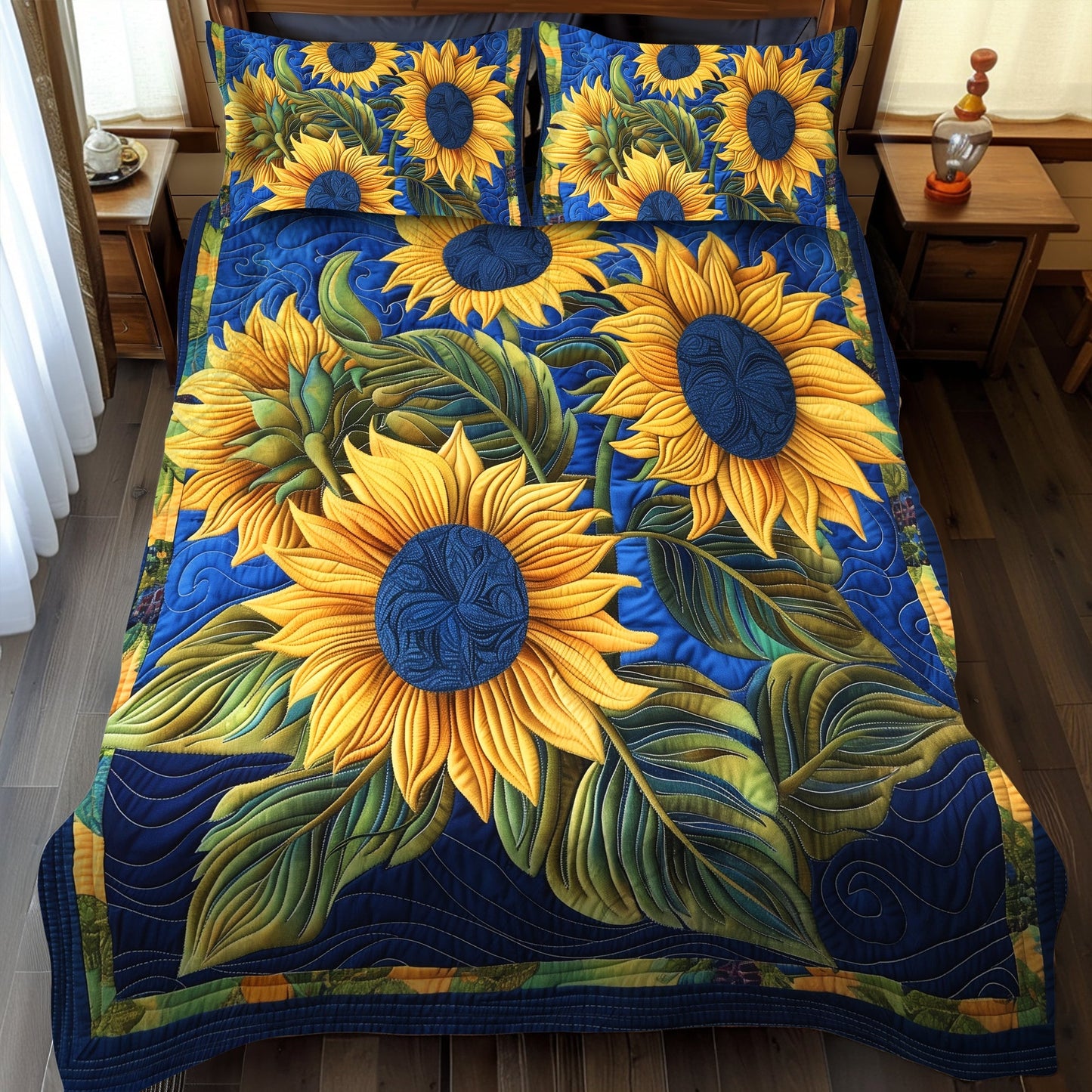 Blue Night Sunflower 3-Piece Quilted Bedding Set - Single (59" x 70")