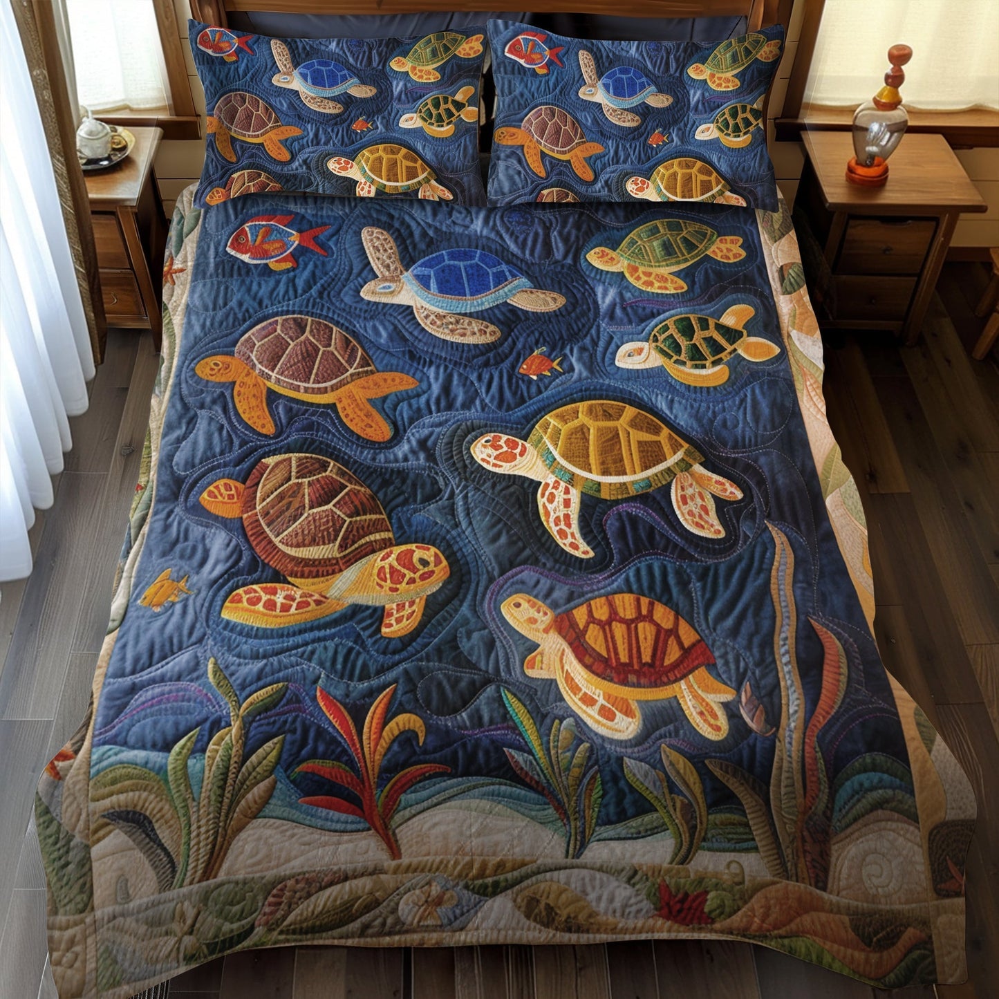 Blue Ocean Turtle 3-Piece Quilted Bedding Set - Single (59" x 70")