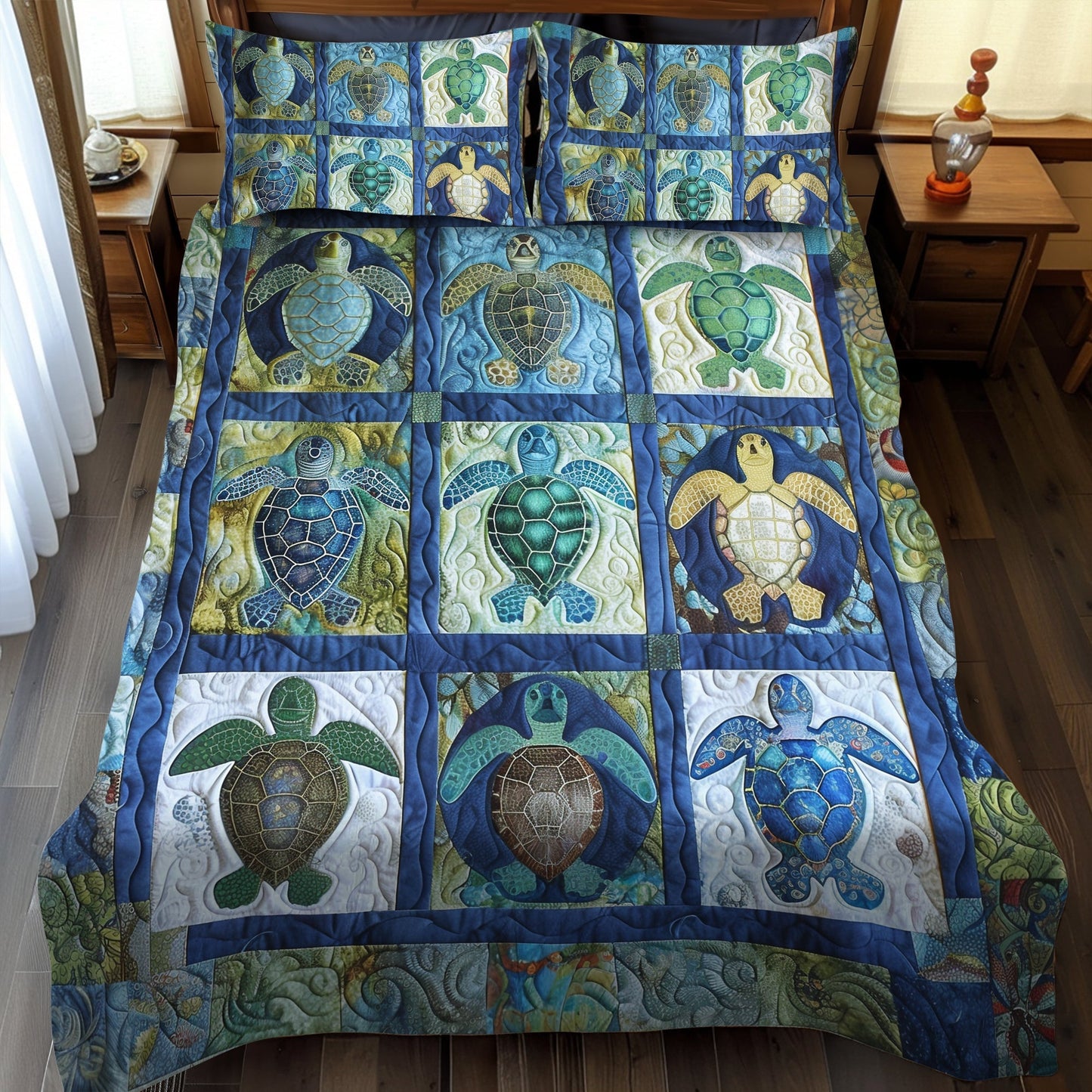 Blue Reef Turtle 3-Piece Quilted Bedding Set - Single (59" x 70")