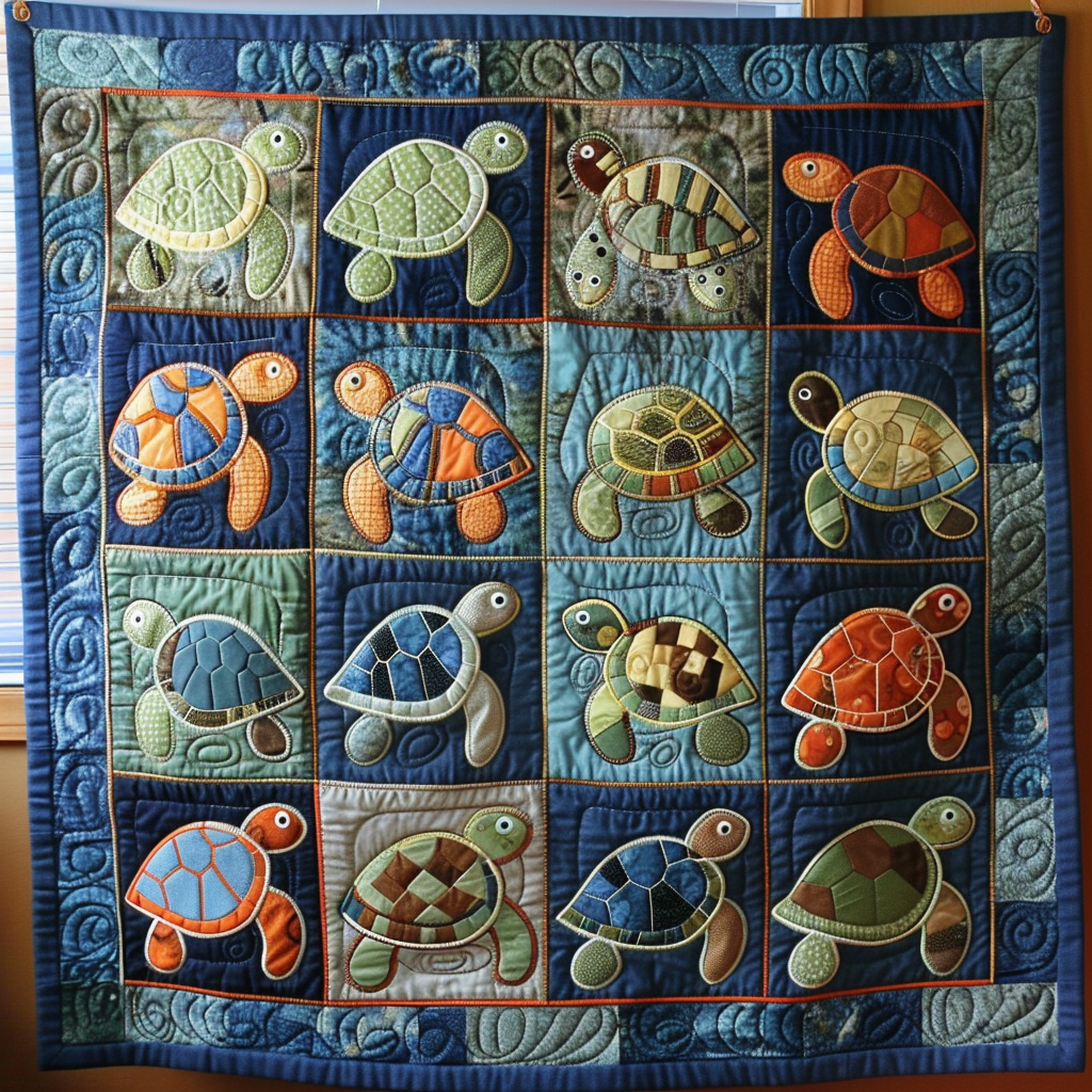 Blue Sea Turtle Quilted Blanket - Throw (55" x 60")