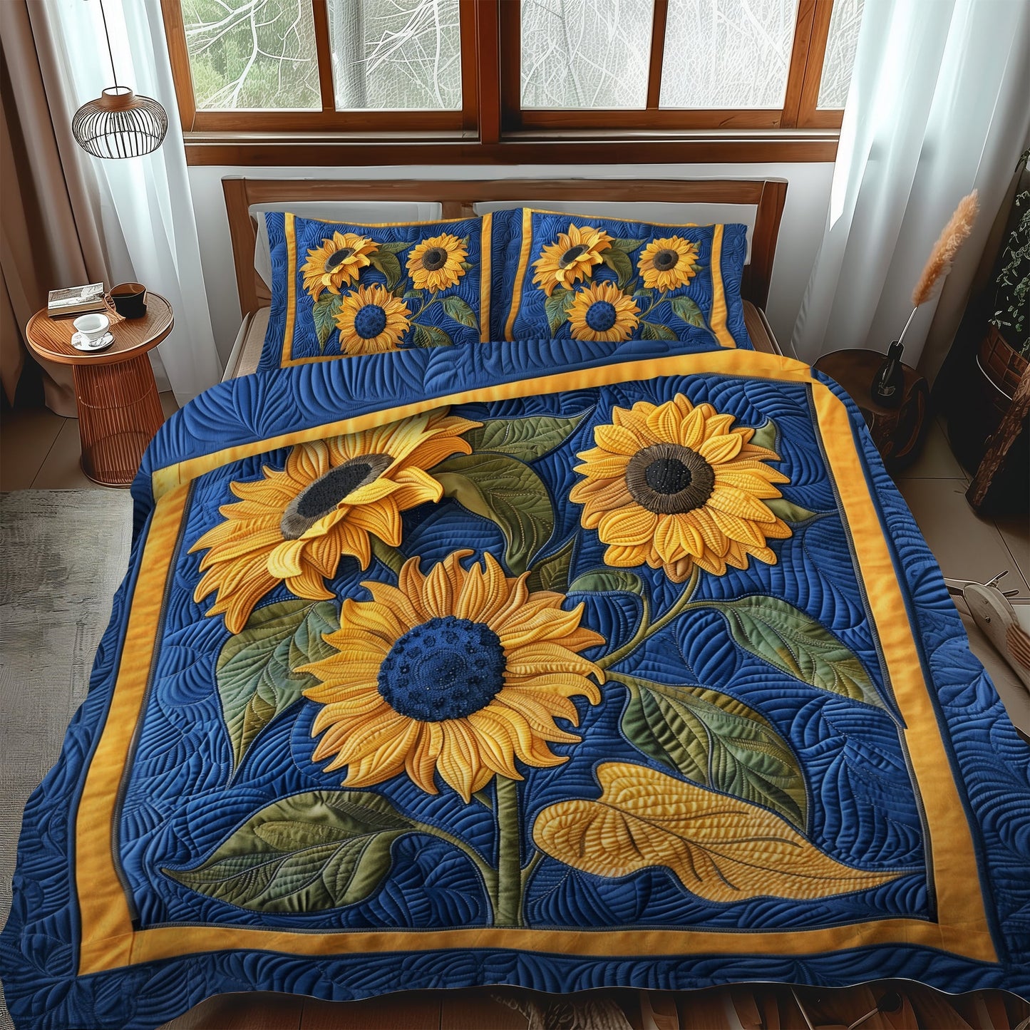 Blue Sunflower Dream 3-Piece Quilted Bedding Set - Single (59" x 70")