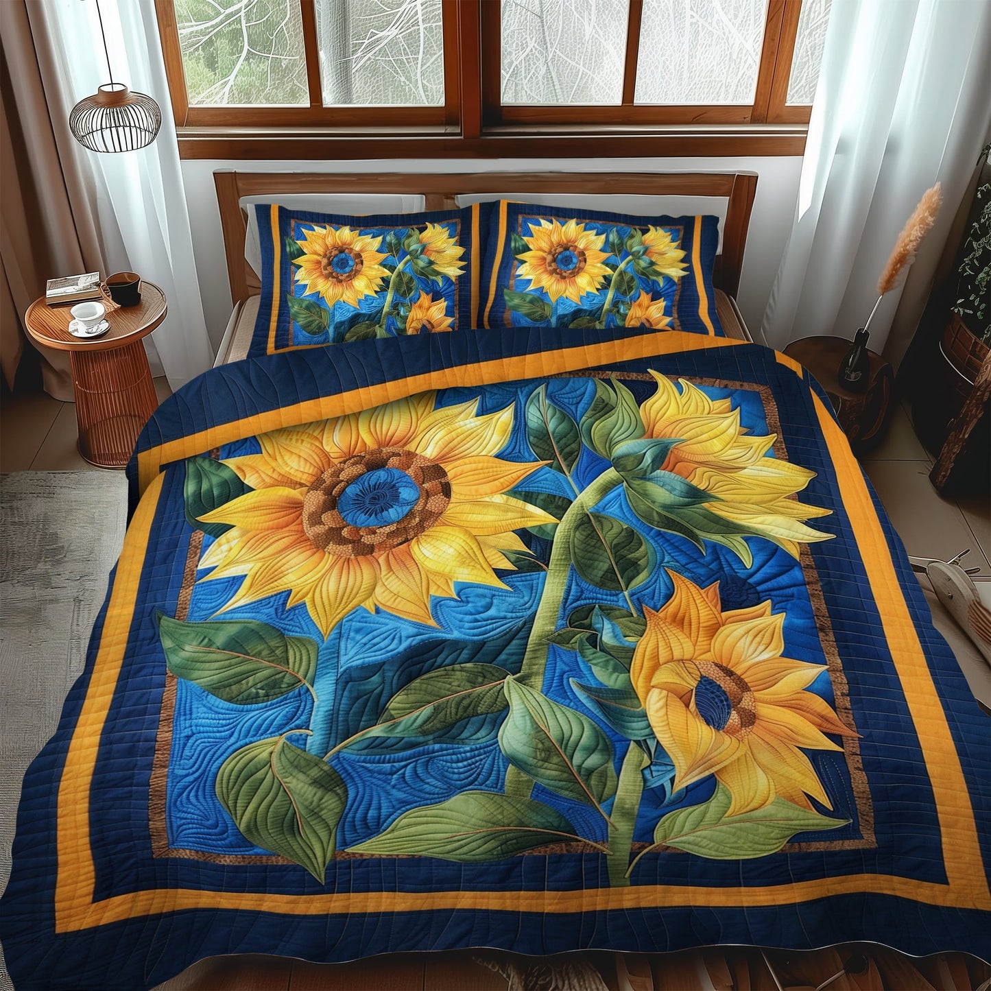 Blue Sunny Bloom 3-Piece Quilted Bedding Set - Single (59" x 70")