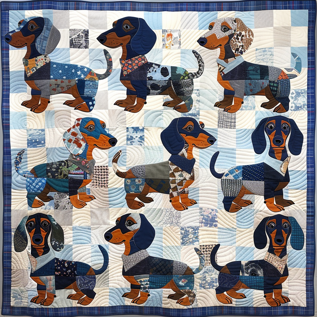 Blue Wiener Puppies Quilted Blanket - Throw (55" x 60")