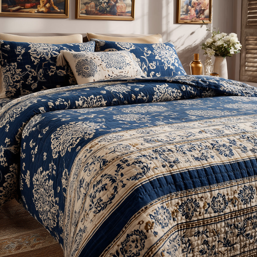 Blue Blockprint Quilted Blanket - Baby (30" x 40") - Pack 1