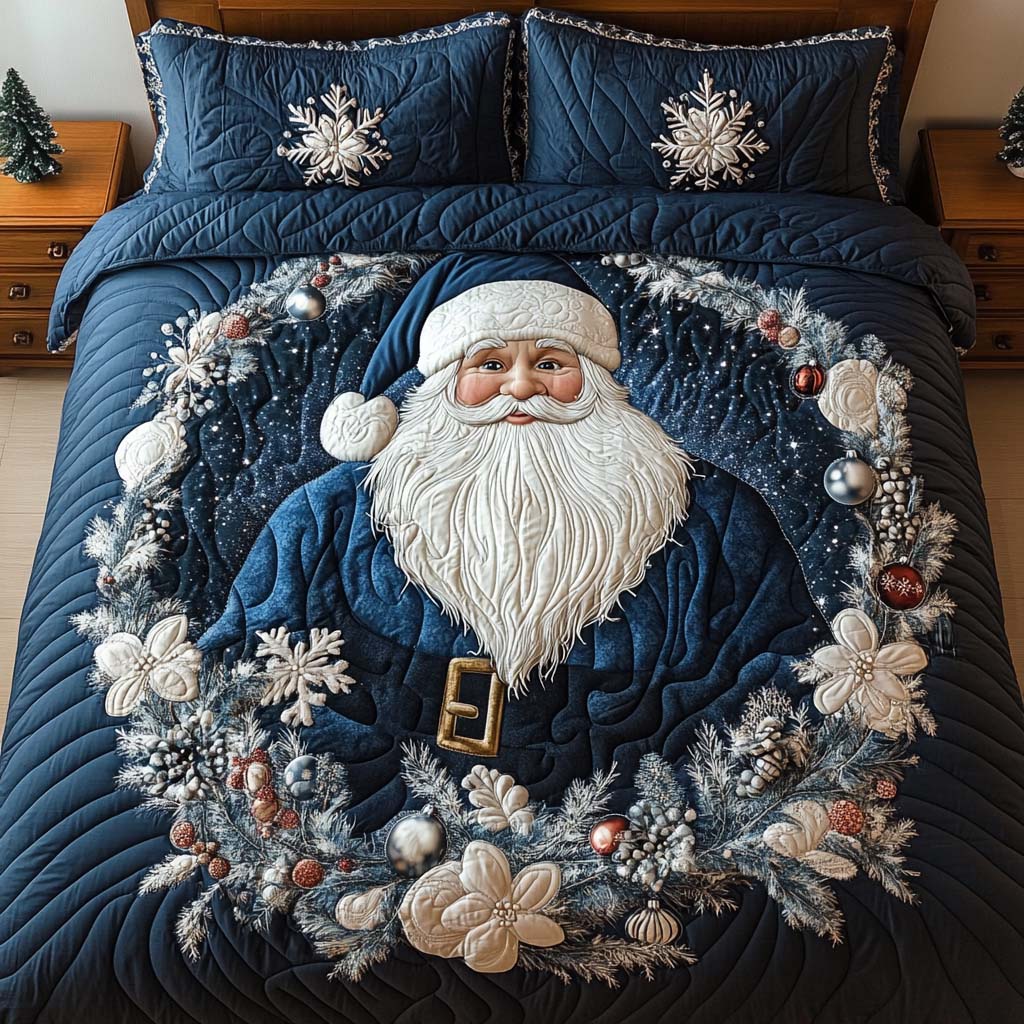 Blue Santa 3-Piece Quilted Bedding Set - Single (59" x 70")
