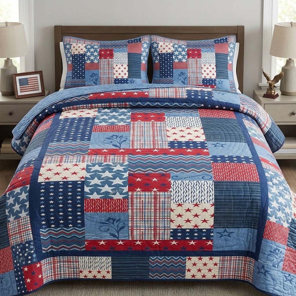 Blue Star Patch 3-Piece Quilted Bedding Set - Single (59" x 70")