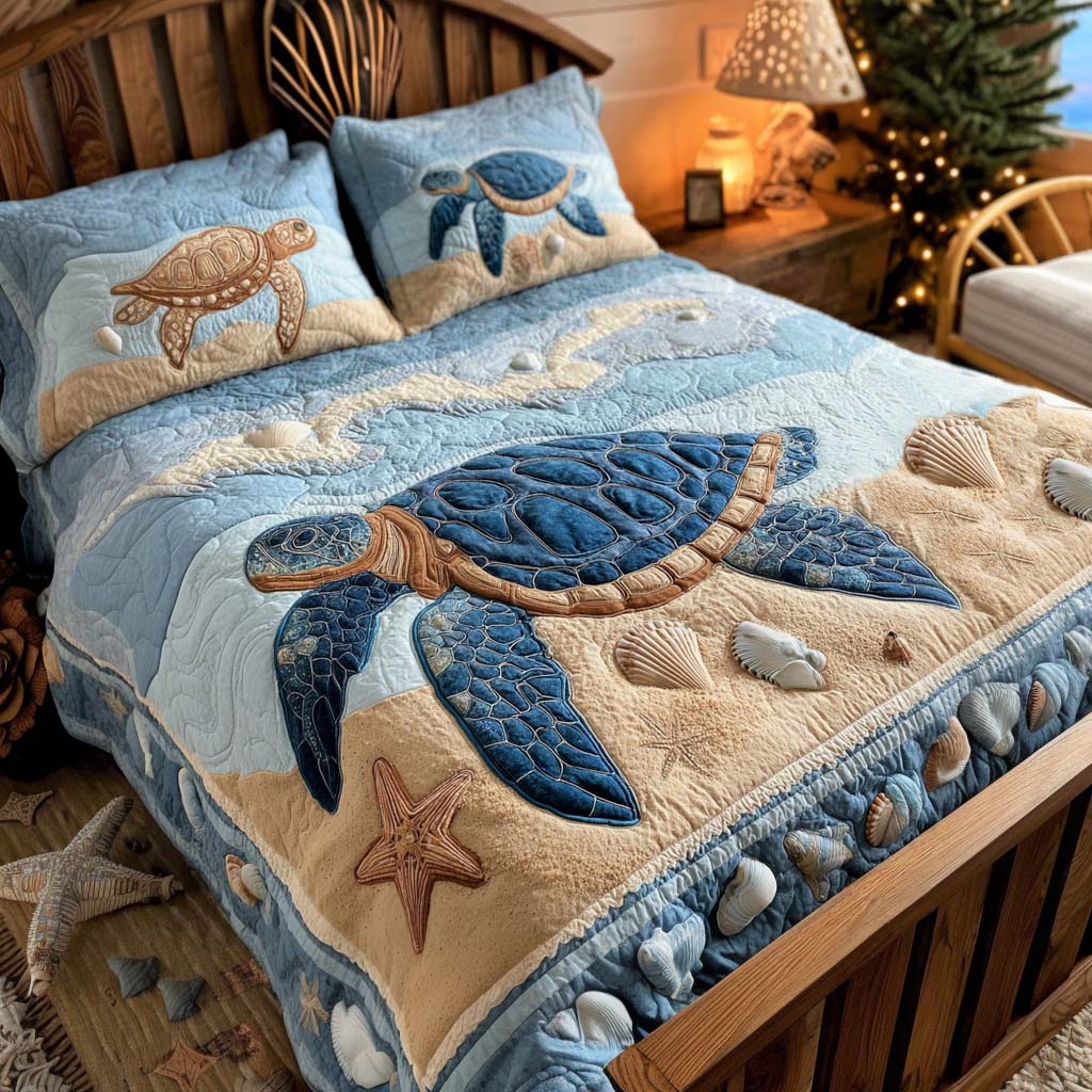 Blue Tide Turtles 3-Piece Quilted Bedding Set - Single (59" x 70")