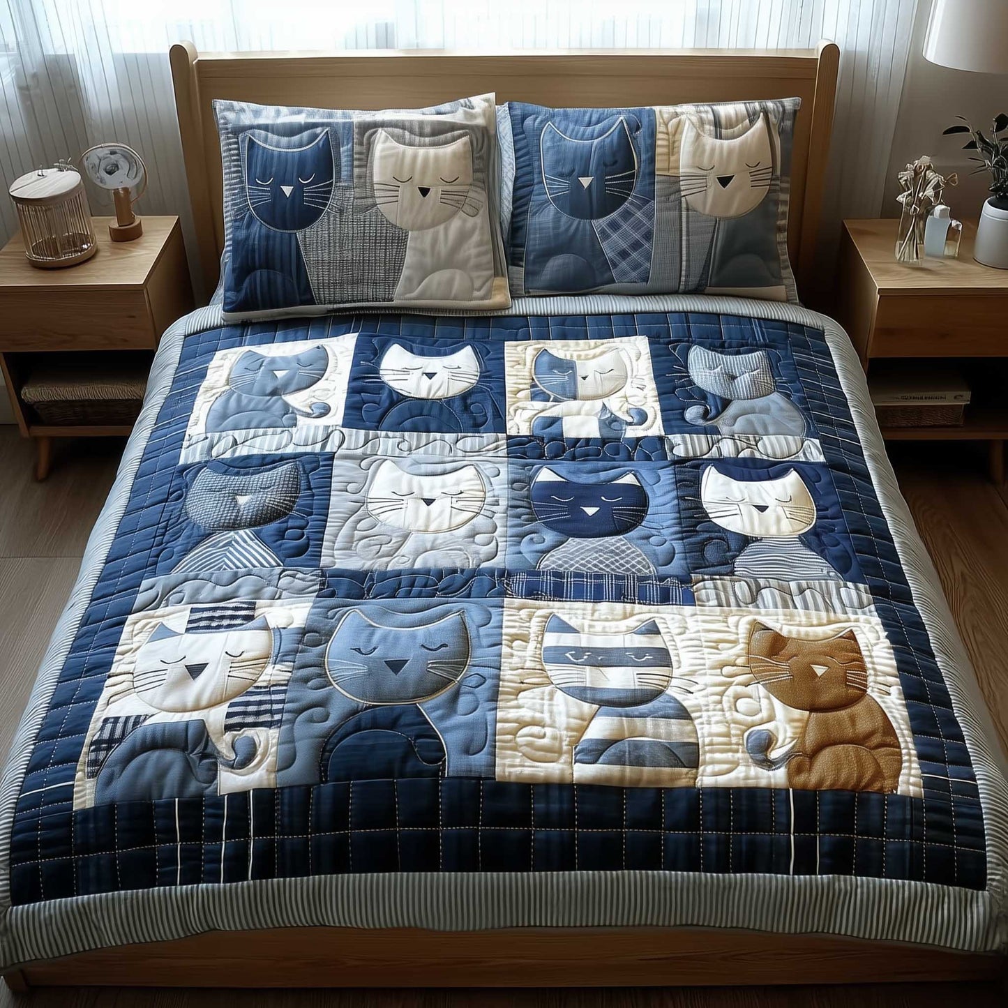 Blue Whisker Patchwork 3-Piece Quilted Bedding Set - Single (59" x 70")