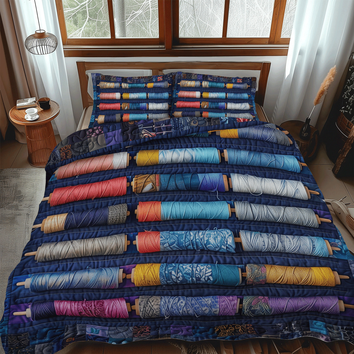 Bluish Spools 3-Piece Quilted Bedding Set - Single (59" x 70")