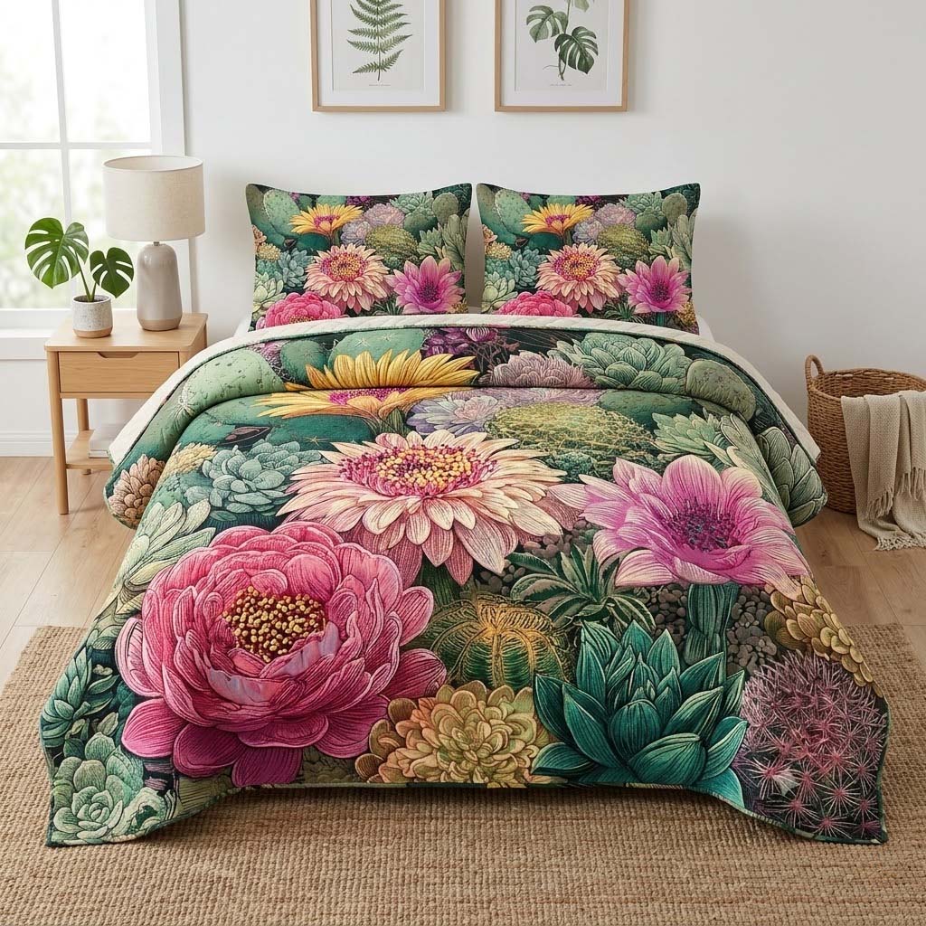 Blush Cactus 3-Piece Quilted Bedding Set - Single (59" x 70")