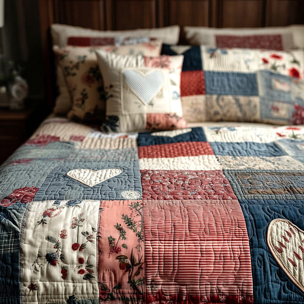Blush Heart Story 3-Piece Quilted Bedding Set - Single (59" x 70")