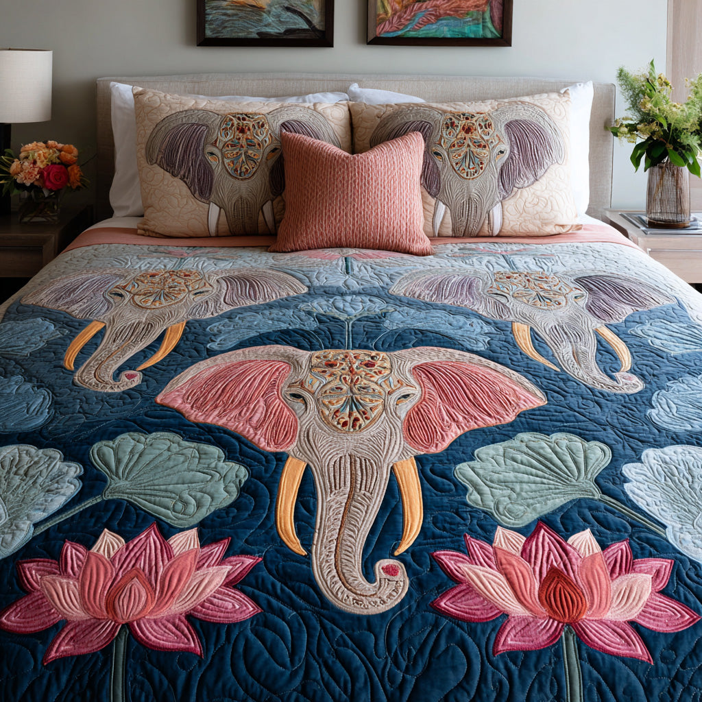 Blush Lotus Elephant 3-Piece Quilted Bedding Set - Single (59" x 70")