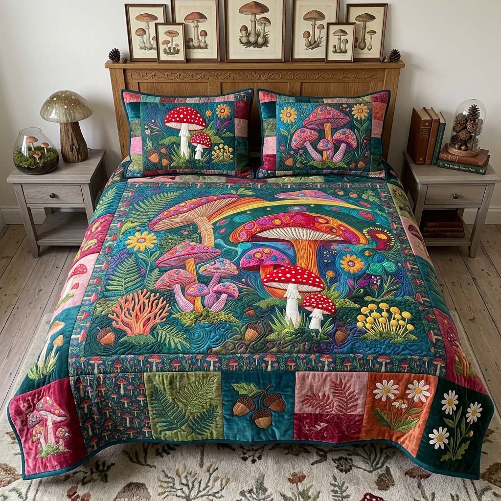 Bohemian Mushroom Meadow 3-Piece Quilted Bedding Set - Single (59" x 70")