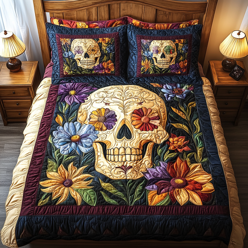 Single (59'' x 70'') /Boho Skull 3-Piece Quilted Bedding Set