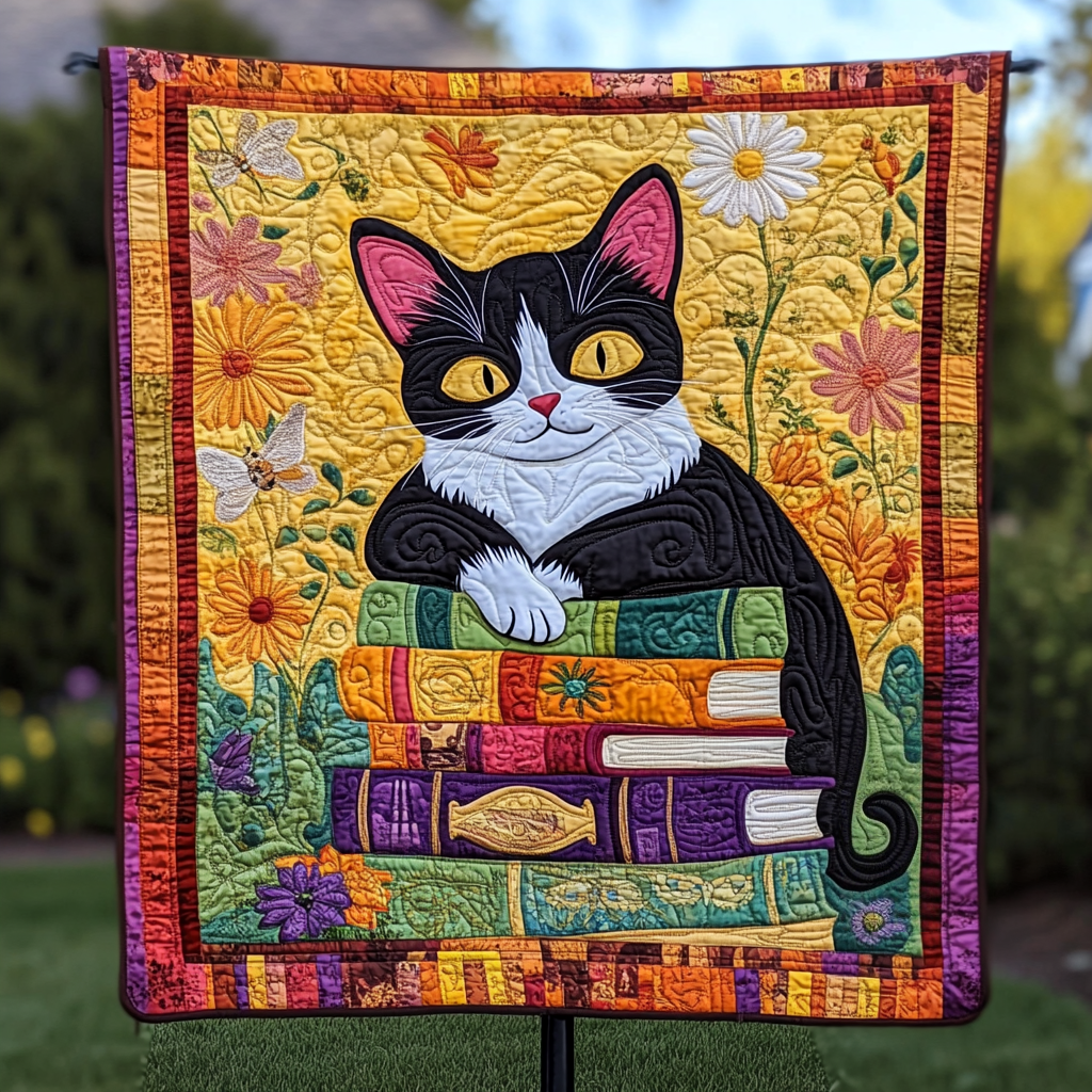 Bookstack Kitty Quilted Blanket - Throw (55" x 60")
