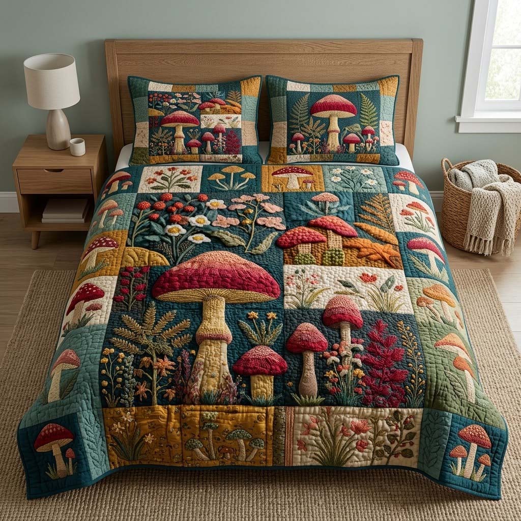 Botanical Toadstool 3-Piece Quilted Bedding Set - Single (59" x 70")