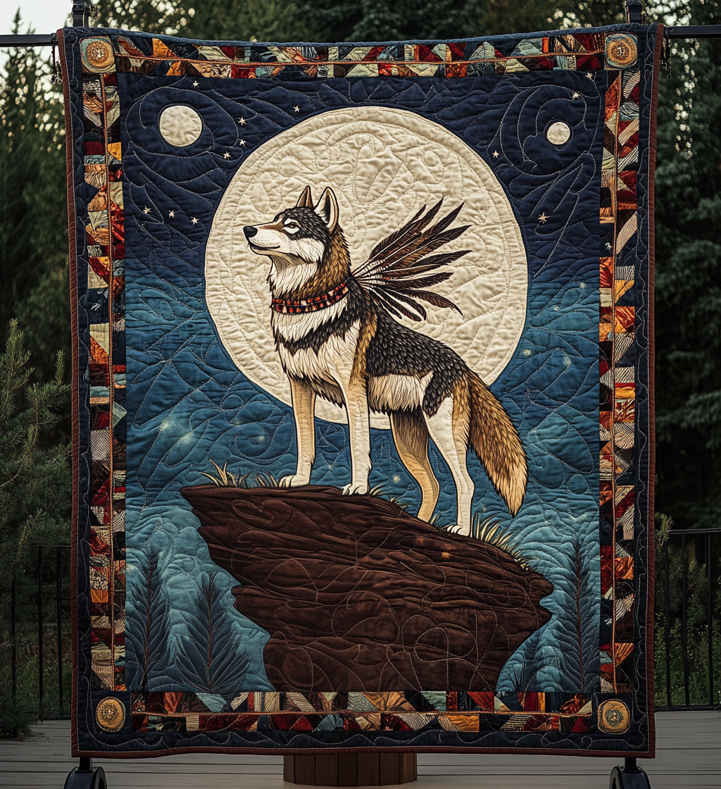 Brave Native Wolf Quilted Blanket - Throw (55" x 60")