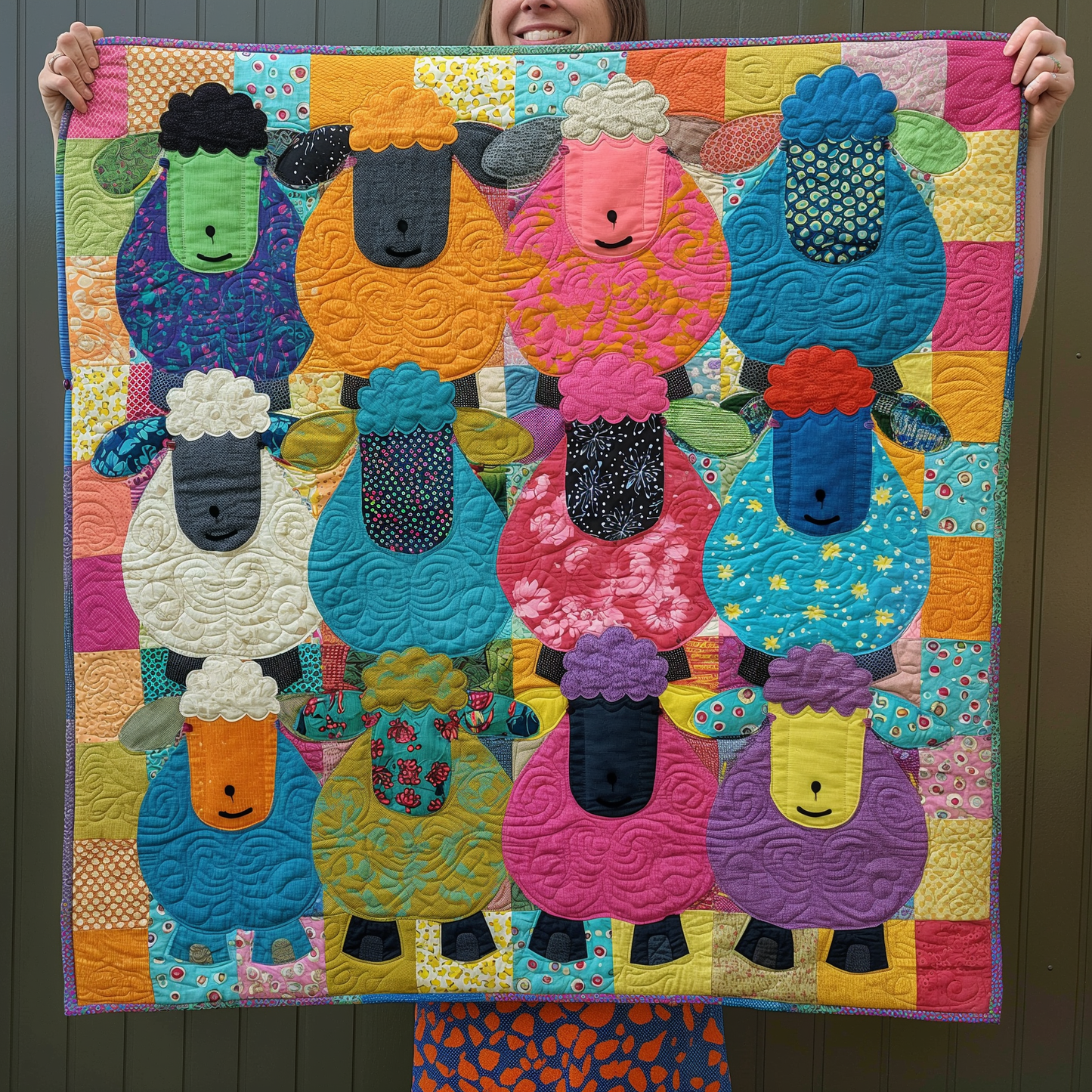 Bright Flock Sheep Quilted Blanket - Throw (55" x 60")