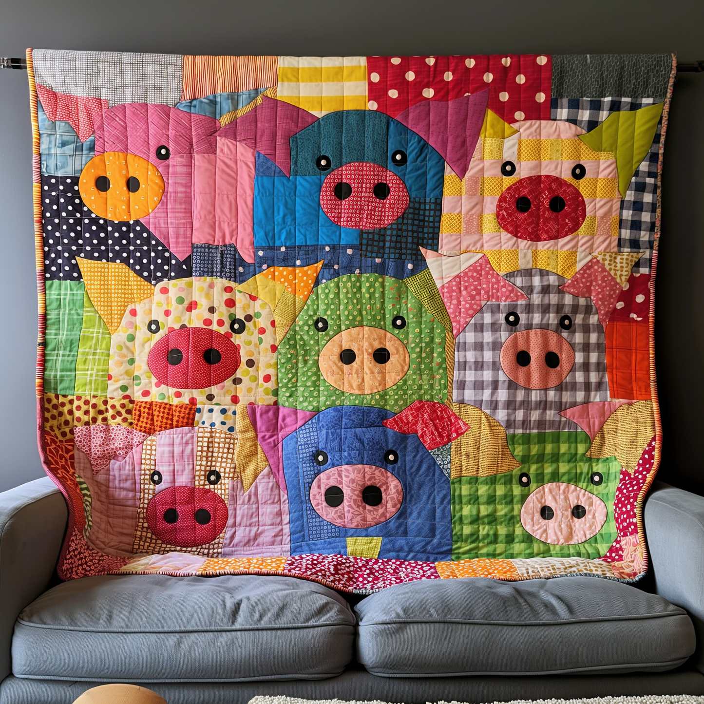 Bright Pig Parade Quilted Blanket - Throw (55" x 60")