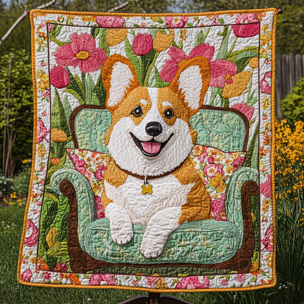 Bright Blooms and Corgi Smiles Quilted Blanket - Throw (55" x 60")