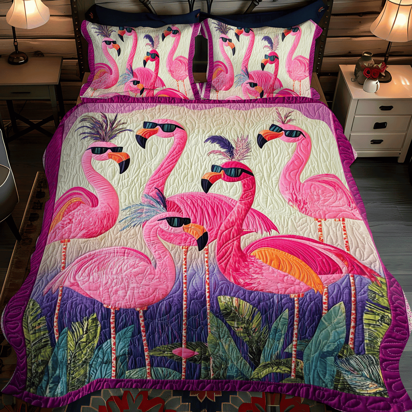 Bright Flamingo Bliss 3-Piece Quilted Bedding Set - Single (59" x 70")